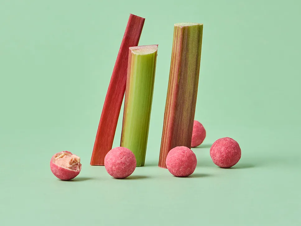 Stimmungsbild: Rhabarber-Joghurt-Trüffel auf grünem Hintergrund